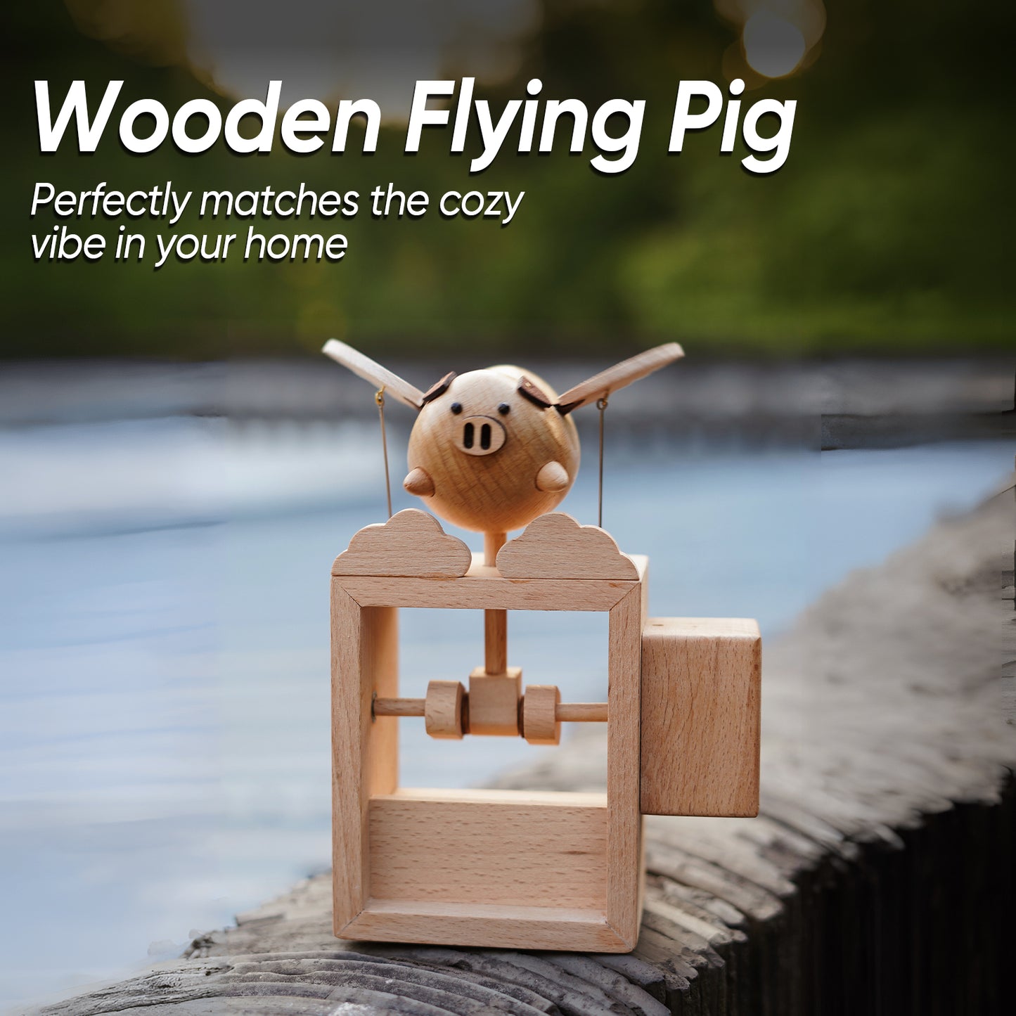 BAI GU UNCLE Handmade Wooden Statues Flying Pig, Works of Art Made of Wood for New House Decoration