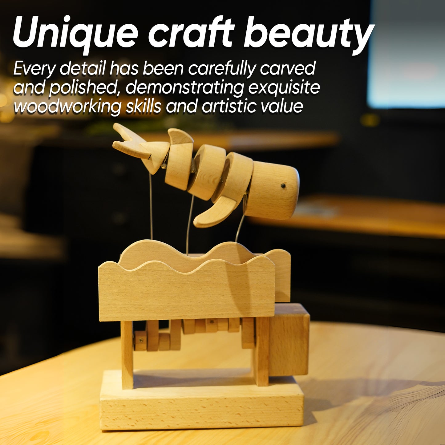BAI GU UNCLE Wooden Mechanical Whale Decoration Statues, Handmade Whale Made of Wood for Home Decoration