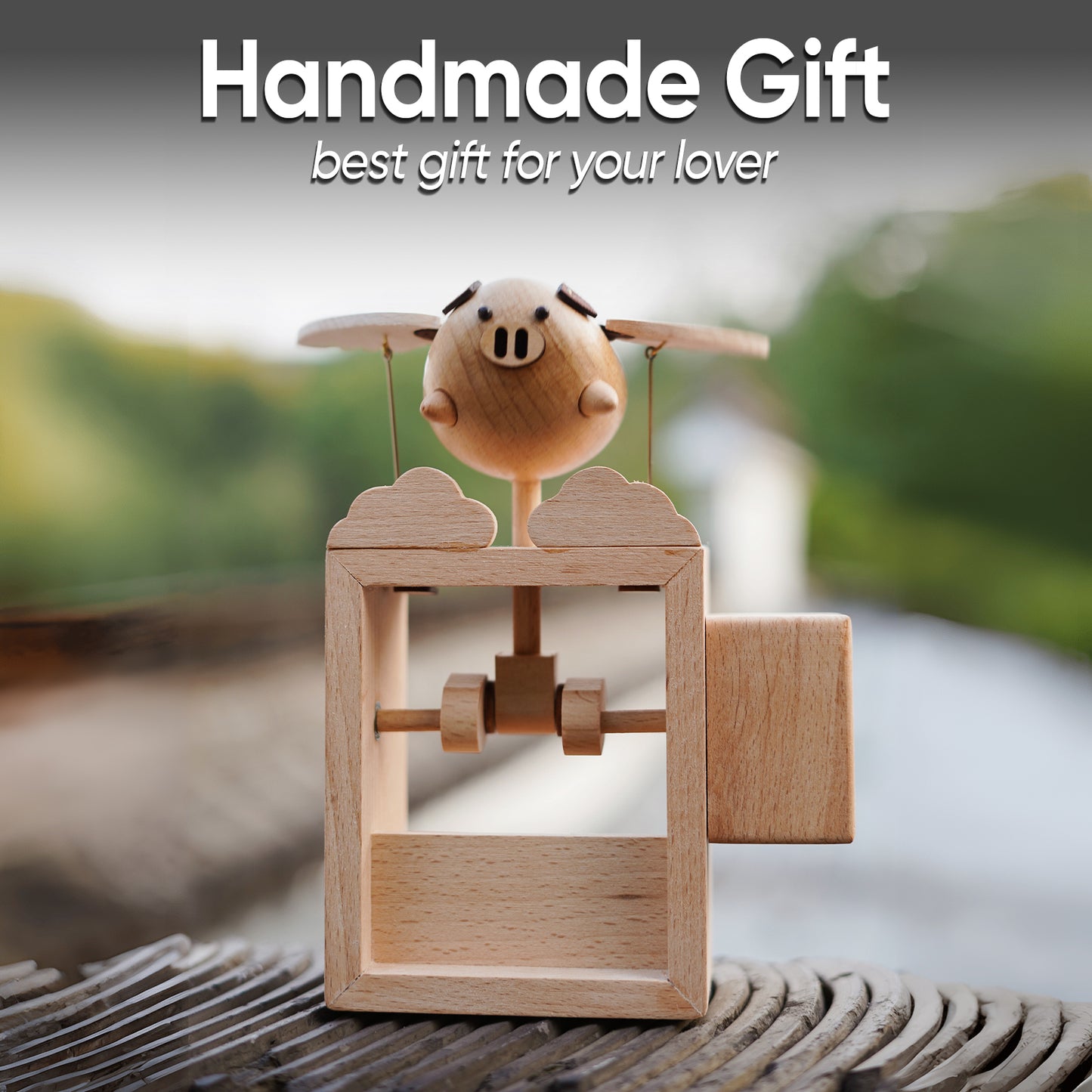 BAI GU UNCLE Handmade Wooden Statues Flying Pig, Works of Art Made of Wood for New House Decoration