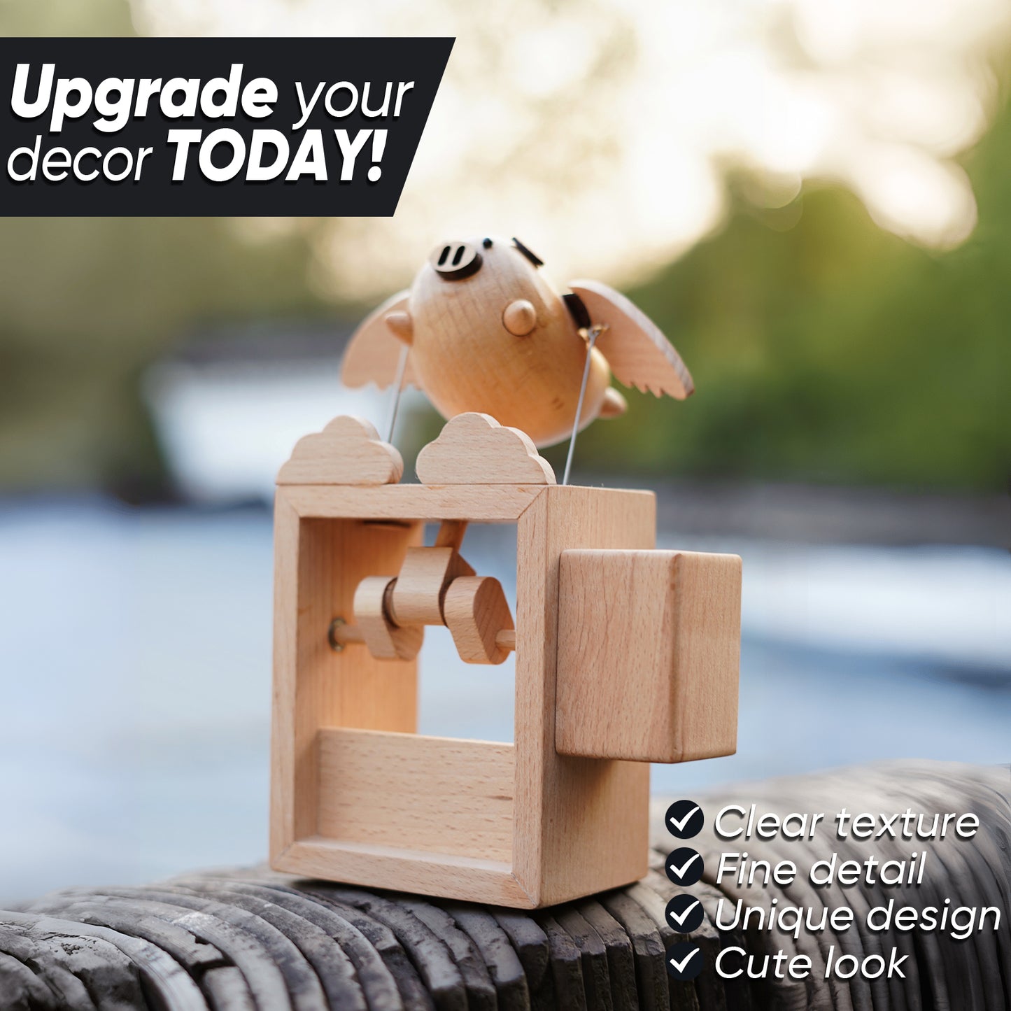 BAI GU UNCLE Handmade Wooden Statues Flying Pig, Works of Art Made of Wood for New House Decoration