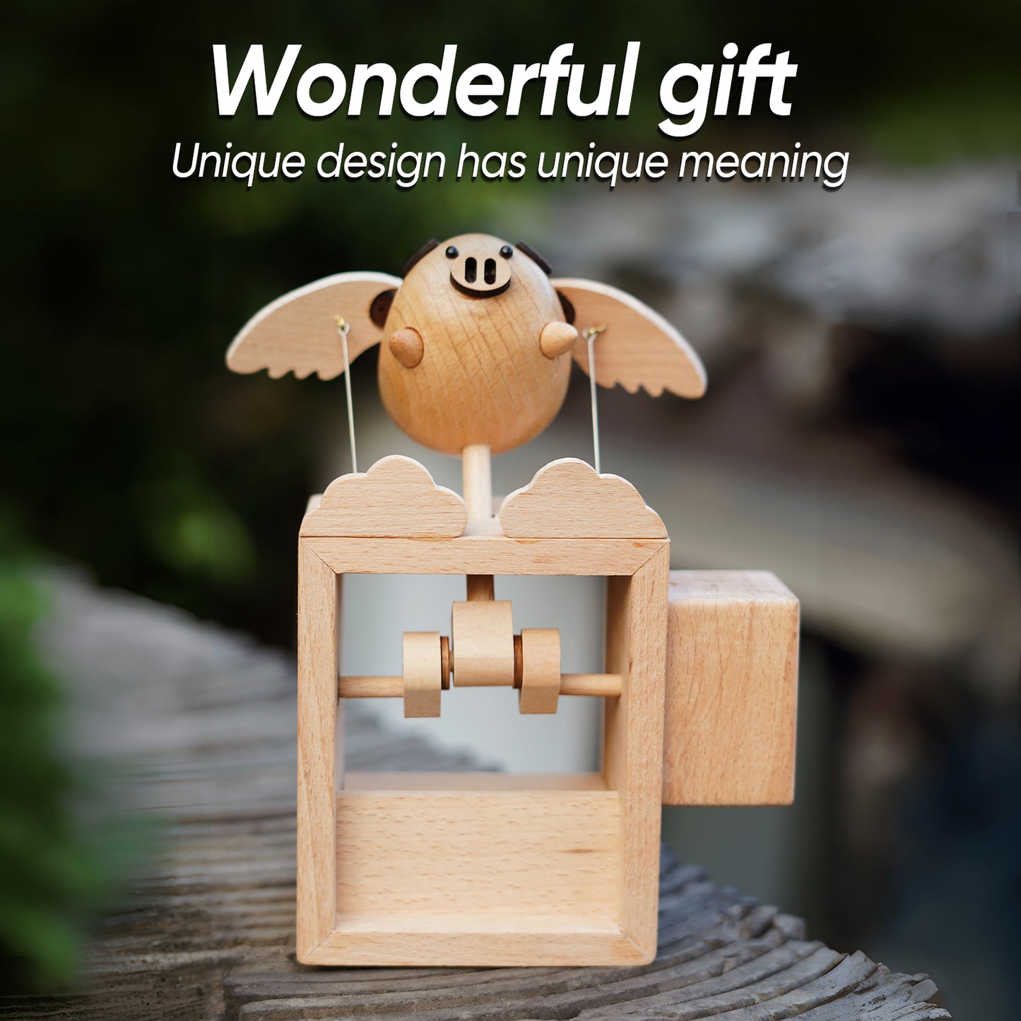 BAI GU UNCLE Handmade Wooden Statues Flying Pig, Works of Art Made of Wood for New House Decoration