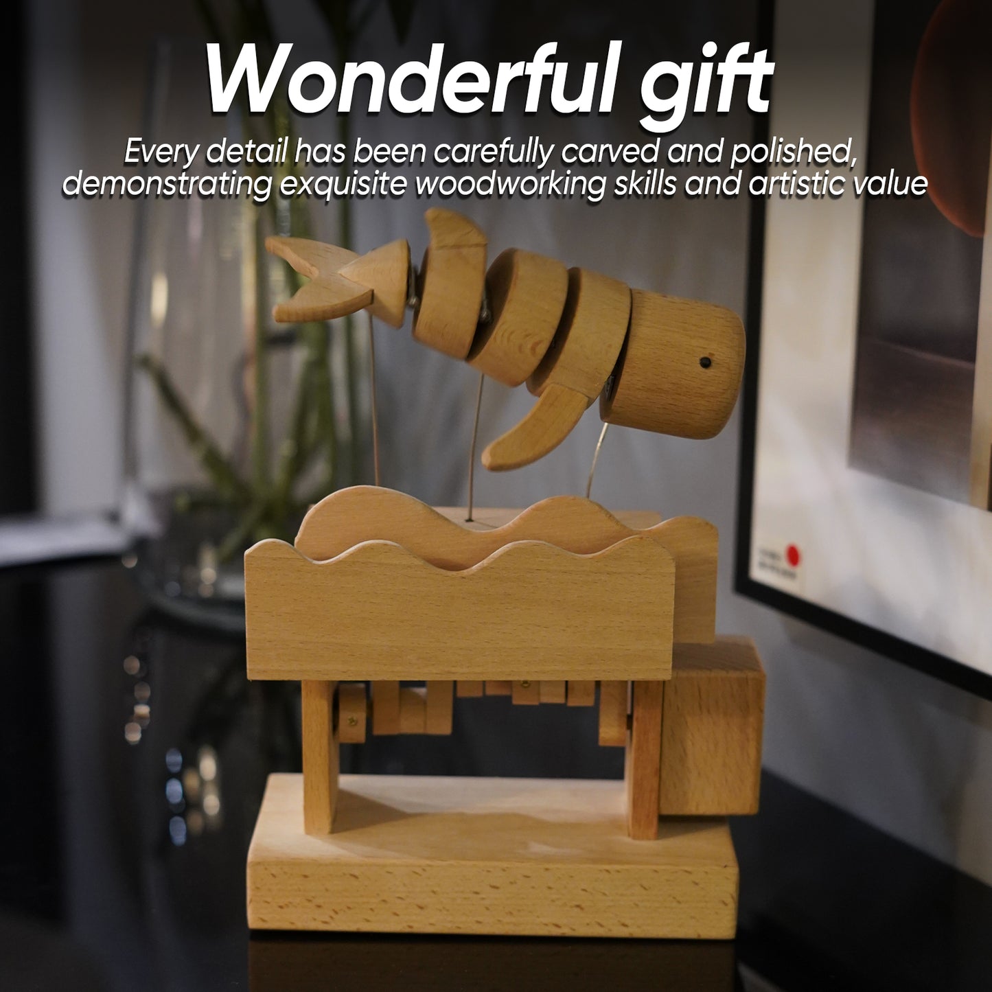 BAI GU UNCLE Wooden Mechanical Whale Decoration Statues, Handmade Whale Made of Wood for Home Decoration