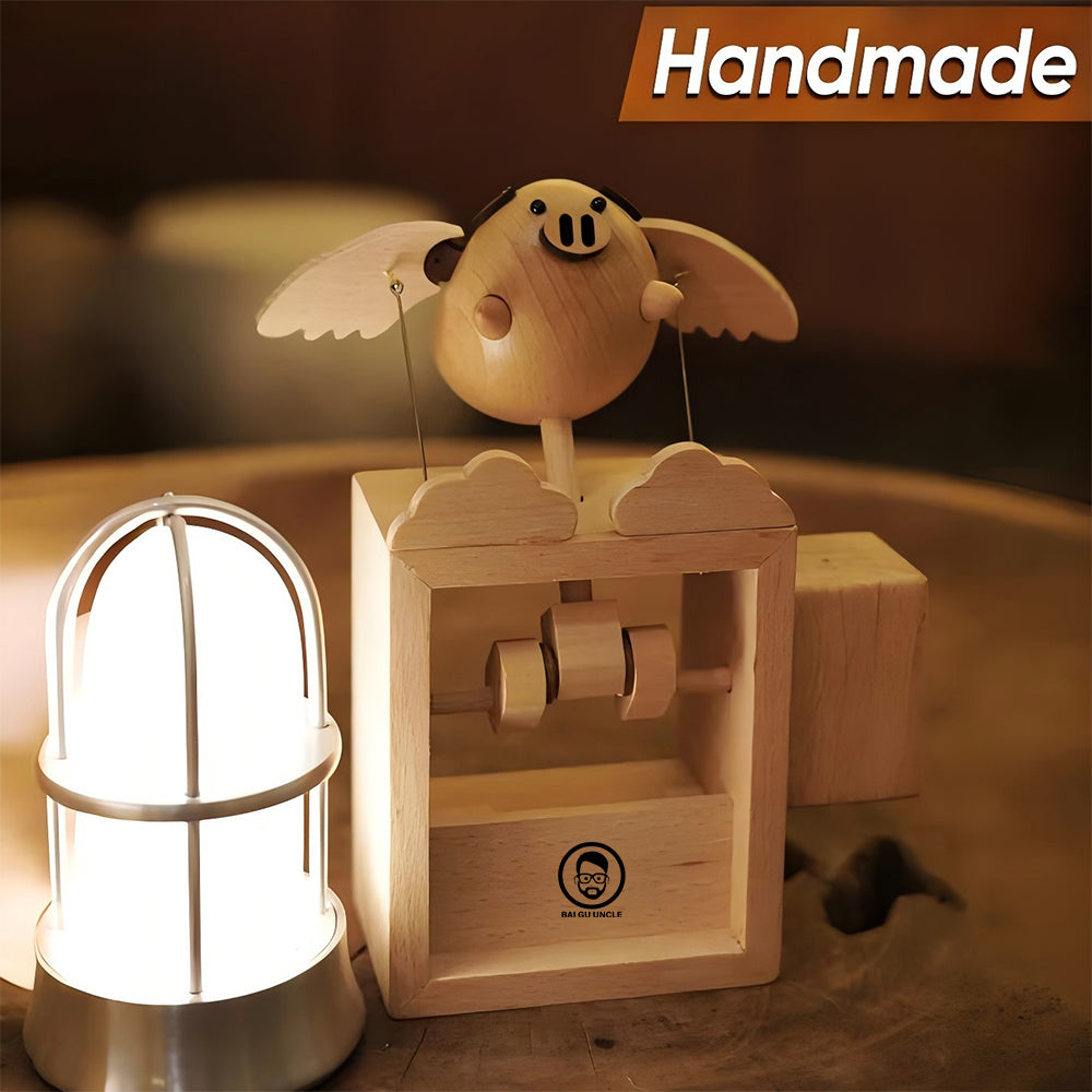 BAI GU UNCLE Handmade Wooden Statues Flying Pig, Works of Art Made of Wood for New House Decoration