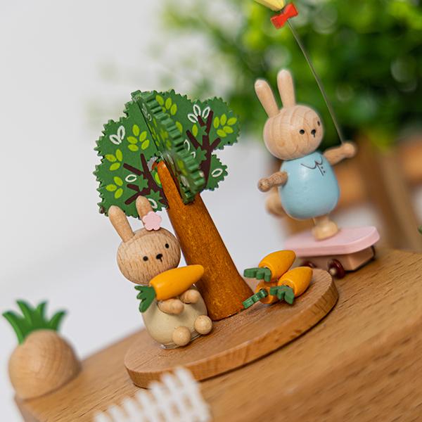 Wooden music box with moving skateboard bunny, Christmas birthday gift, home wooden decoration