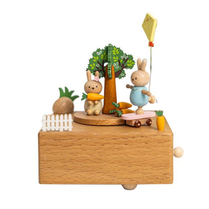 Wooden music box with moving skateboard bunny, Christmas birthday gift, home wooden decoration