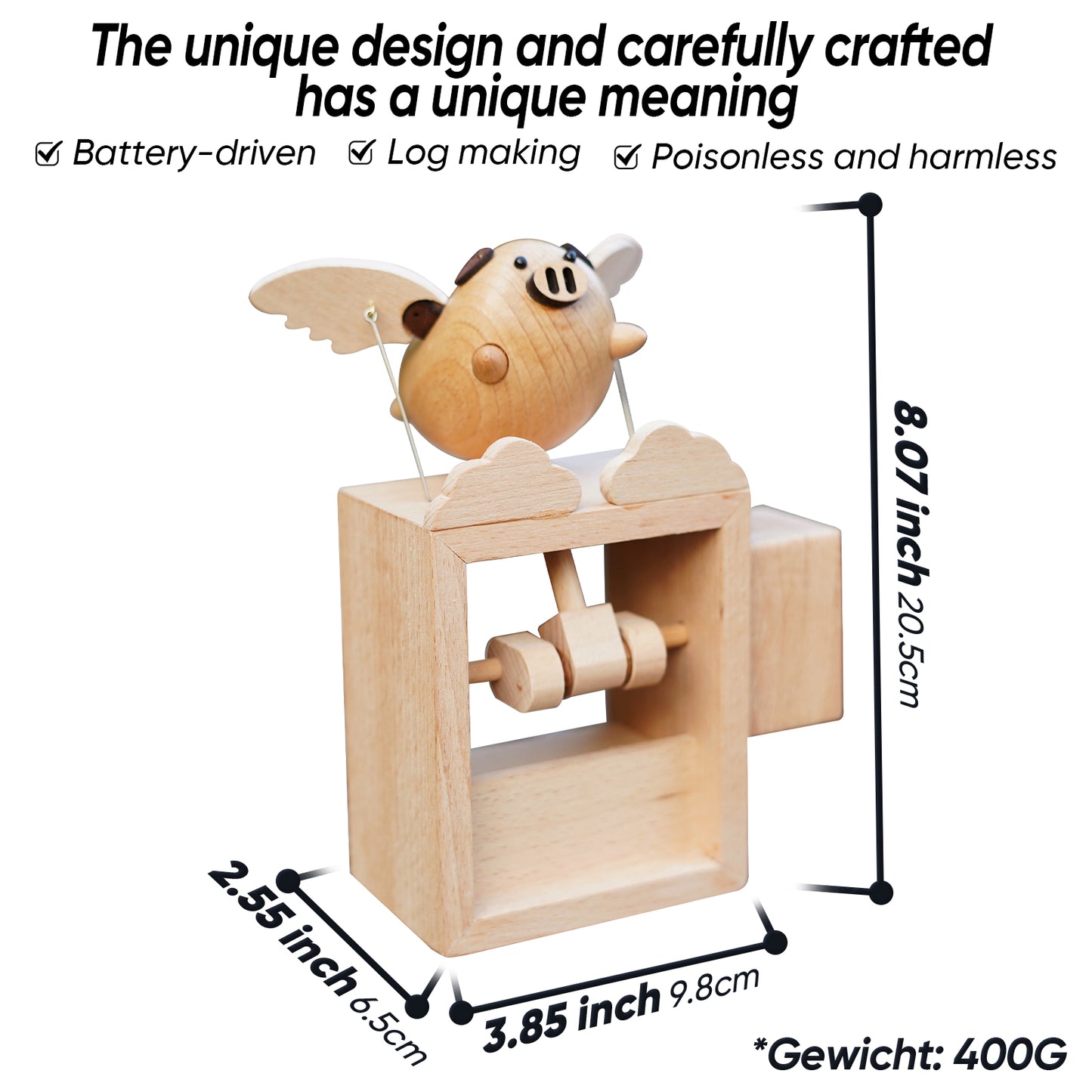 BAI GU UNCLE Handmade Wooden Statues Flying Pig,  Works of Art Made of Wood for New House Decoration