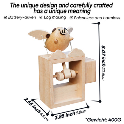 BAI GU UNCLE Handmade Wooden Statues Flying Pig,  Works of Art Made of Wood for New House Decoration