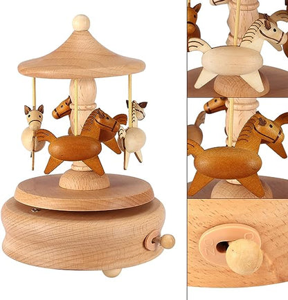 Carousel Music Box Wooden Merry-Go-Round Horse Musical Box Turn Horse Shaped Wood Crafts Birthday Christmas Gifts Home Decor