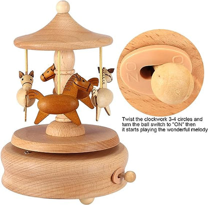 Carousel Music Box Wooden Merry-Go-Round Horse Musical Box Turn Horse Shaped Wood Crafts Birthday Christmas Gifts Home Decor