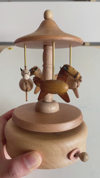 Carousel Music Box Wooden Merry-Go-Round Horse Musical Box Turn Horse Shaped Wood Crafts Birthday Christmas Gifts Home Decor