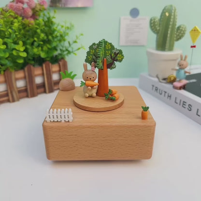 Wooden music box with moving skateboard bunny, Christmas birthday gift, home wooden decoration